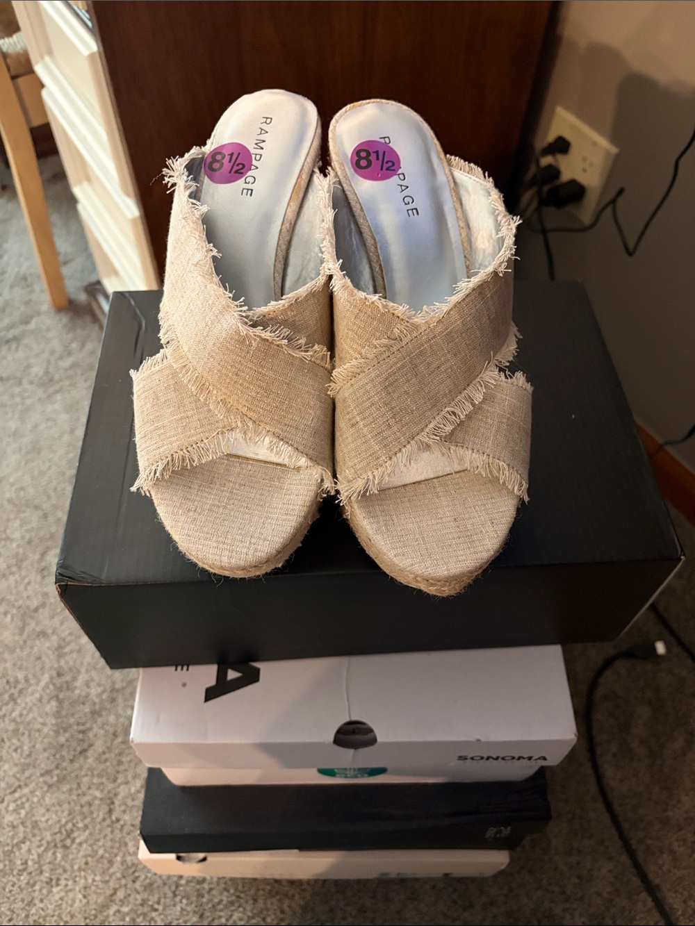 Rampage Natural Beige Frayed Crossband Wedge Mules